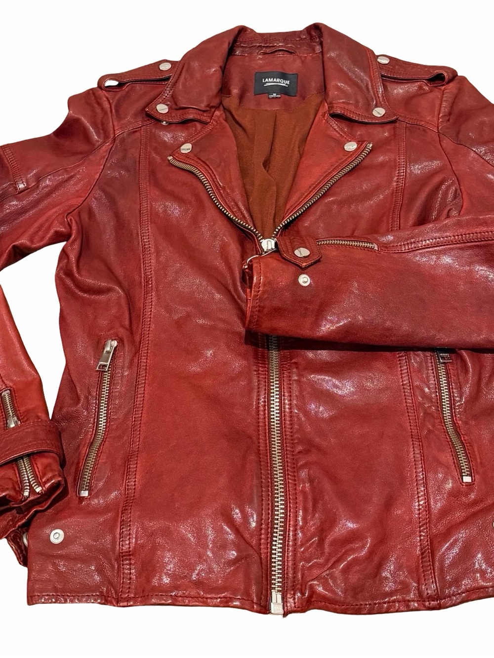 Lamarque Crimson Red Leather Moto Jacket